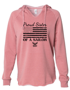 American flag and Navy emblem printed on Proud Sister of a Sailor pink hoodie.