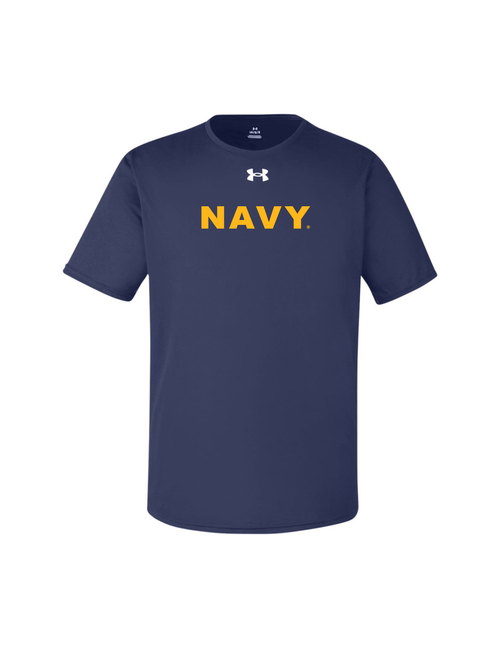 U.S. Navy Under Armour Performance T-Shirt in Midnight Navy — men’s performance athletic shirt with bold Navy print, crafted in Columbia, S.C. by Oak & Liberty.
