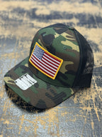 USA Flag Patch Hat, Richardson 112 PT Trucker |  Green Camo/Black