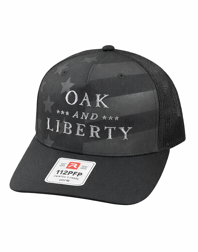 Oak and Liberty Hat, Richardson 112PFP Five Panel Trucker | Black/Stars and Stripes