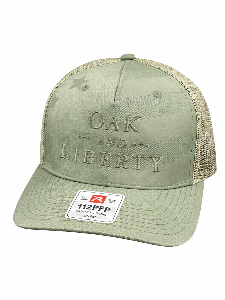 Oak and Liberty Hat, Richardson 112PFP Five Panel Trucker | Loden/Stars and Stripes