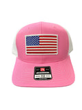 American Flag Patch Richardson 112 Trucker Hat (PINK/WHITE) - WHITE BORDER
