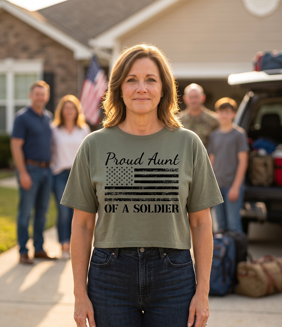 Proud Aunt of a Soldier Mid-Length Boxy Crop Tee (Lieutenant Green)
