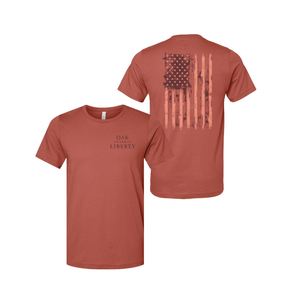 Oak & Liberty Distressed American Flag Patriotic T-Shirt, Clay