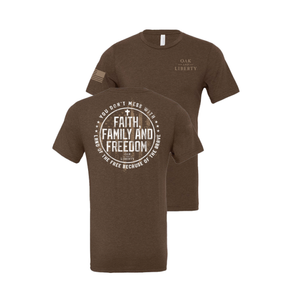 Oak & Liberty Faith Family and Freedom Patriotic T-Shirt, Heather Brown