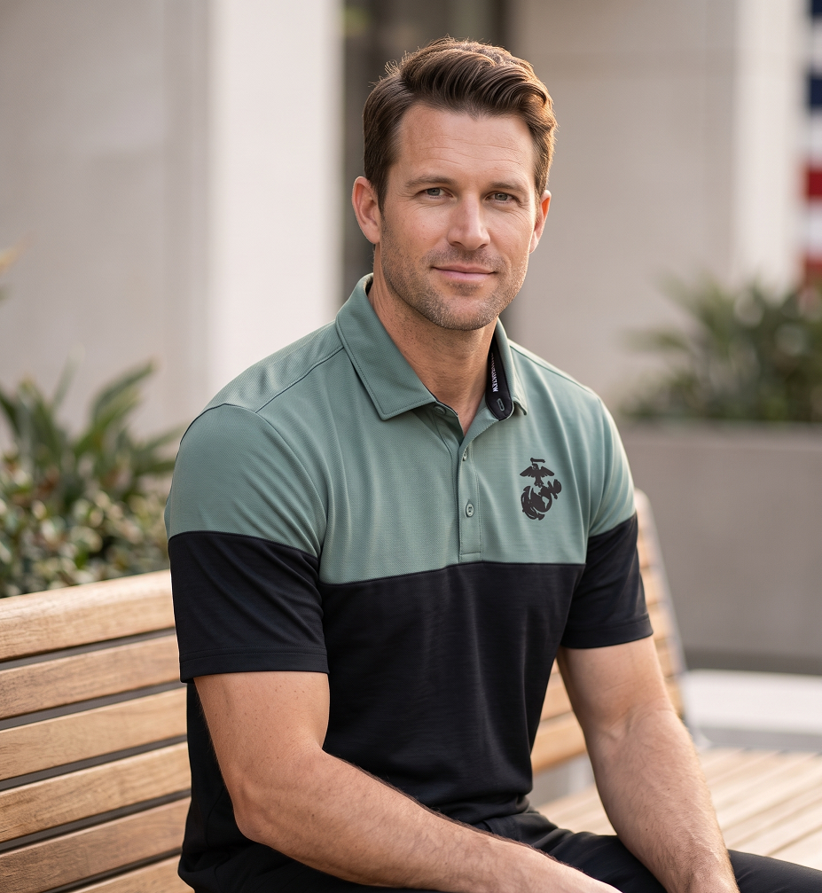 U.S. Marine Corps TravisMathew Onward Colorblock Polo (Balsam Green/Black)